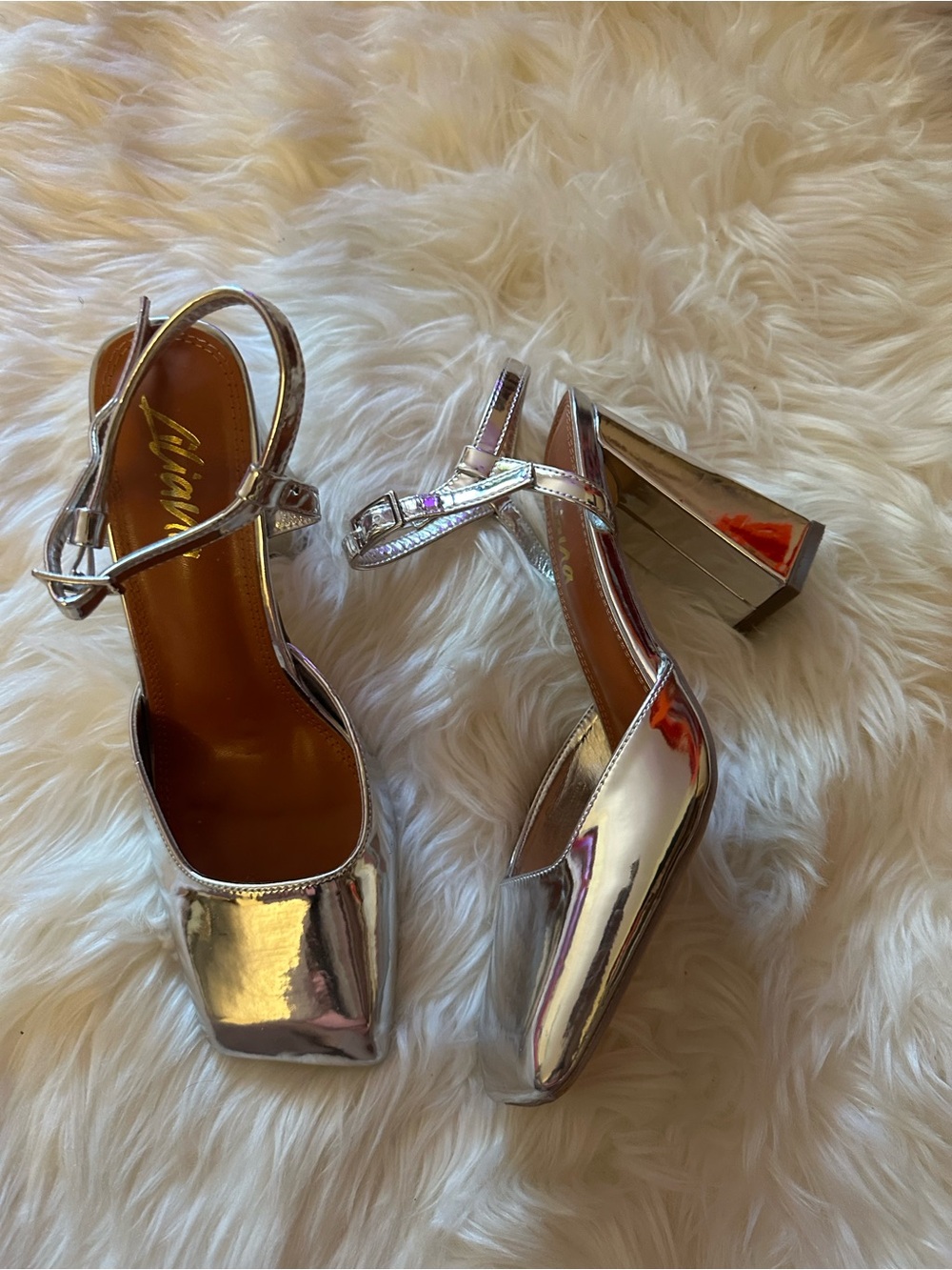 Liliana Metallic Silver Block Heel Ankle-Strap Pumps